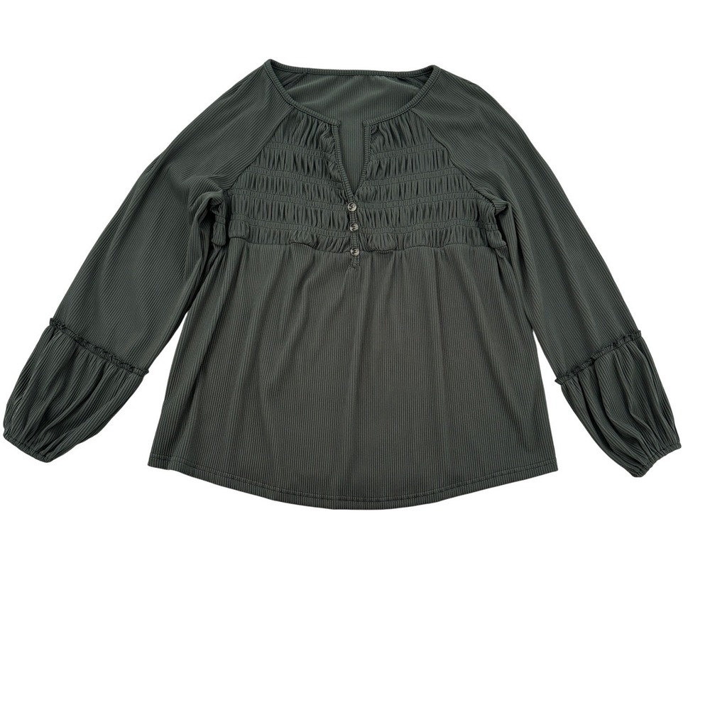 OIBILI Women M Green Ribbed Smocked Baby Doll Button Front Blouse Long Sleeve